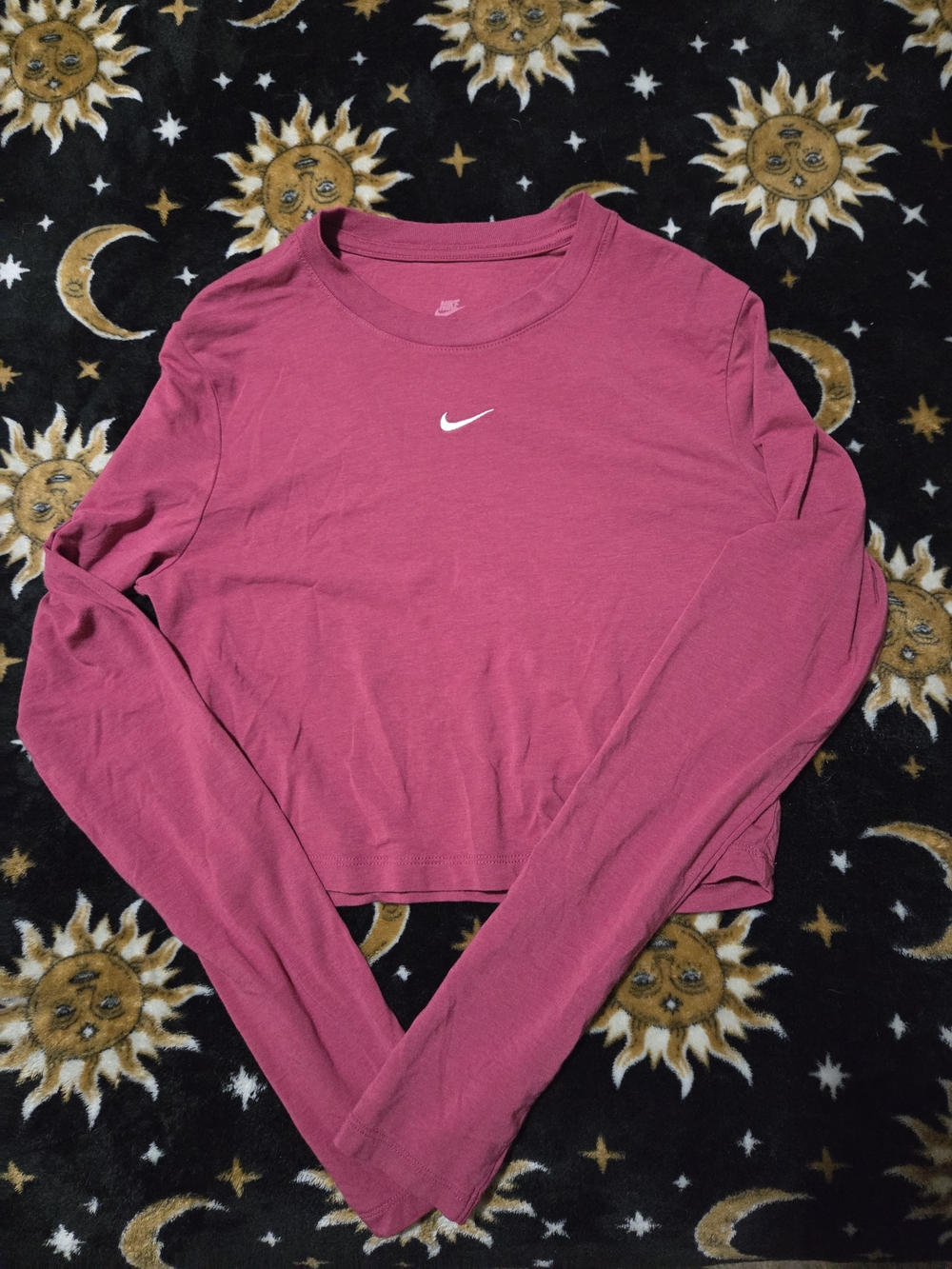 Nike Women's Long-Sleeve Cropped Tee in Raspberry Pink with White Swoosh